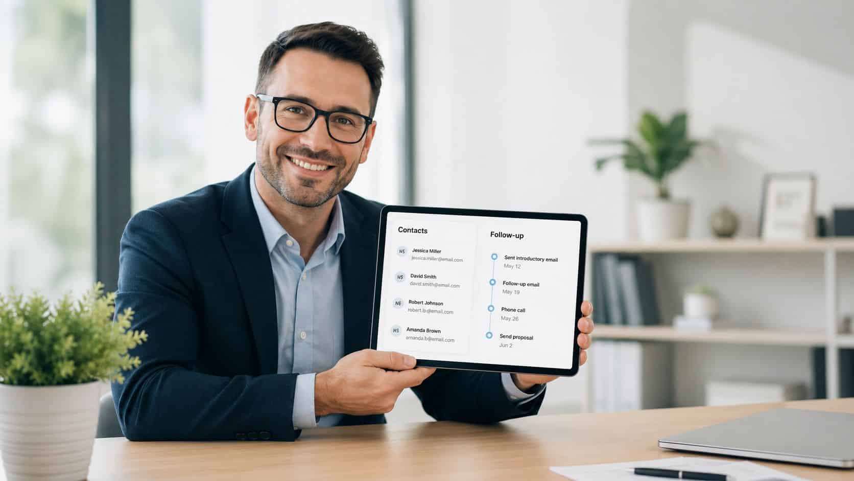 A professional man in a suit holding a tablet displaying a CRM interface with contact and follow-up lists.