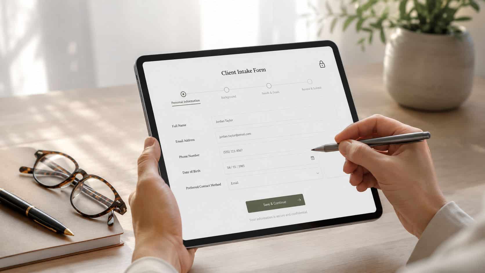 A person filling out a digital client intake form on a tablet computer with a stylus pen.