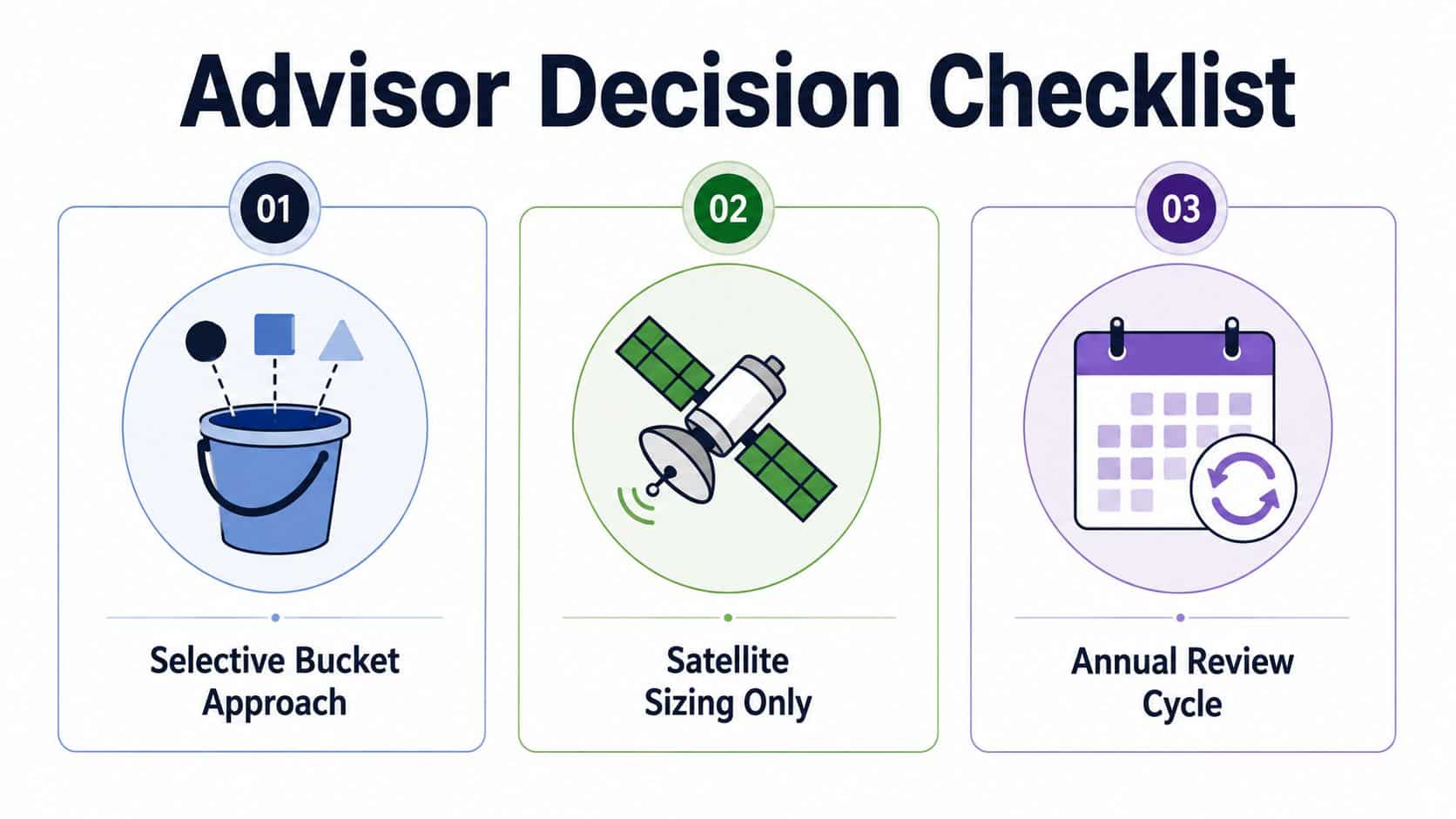 A checklist diagram for advisors featuring three steps: a selective bucket approach, satellite sizing, and an annual review cycle.