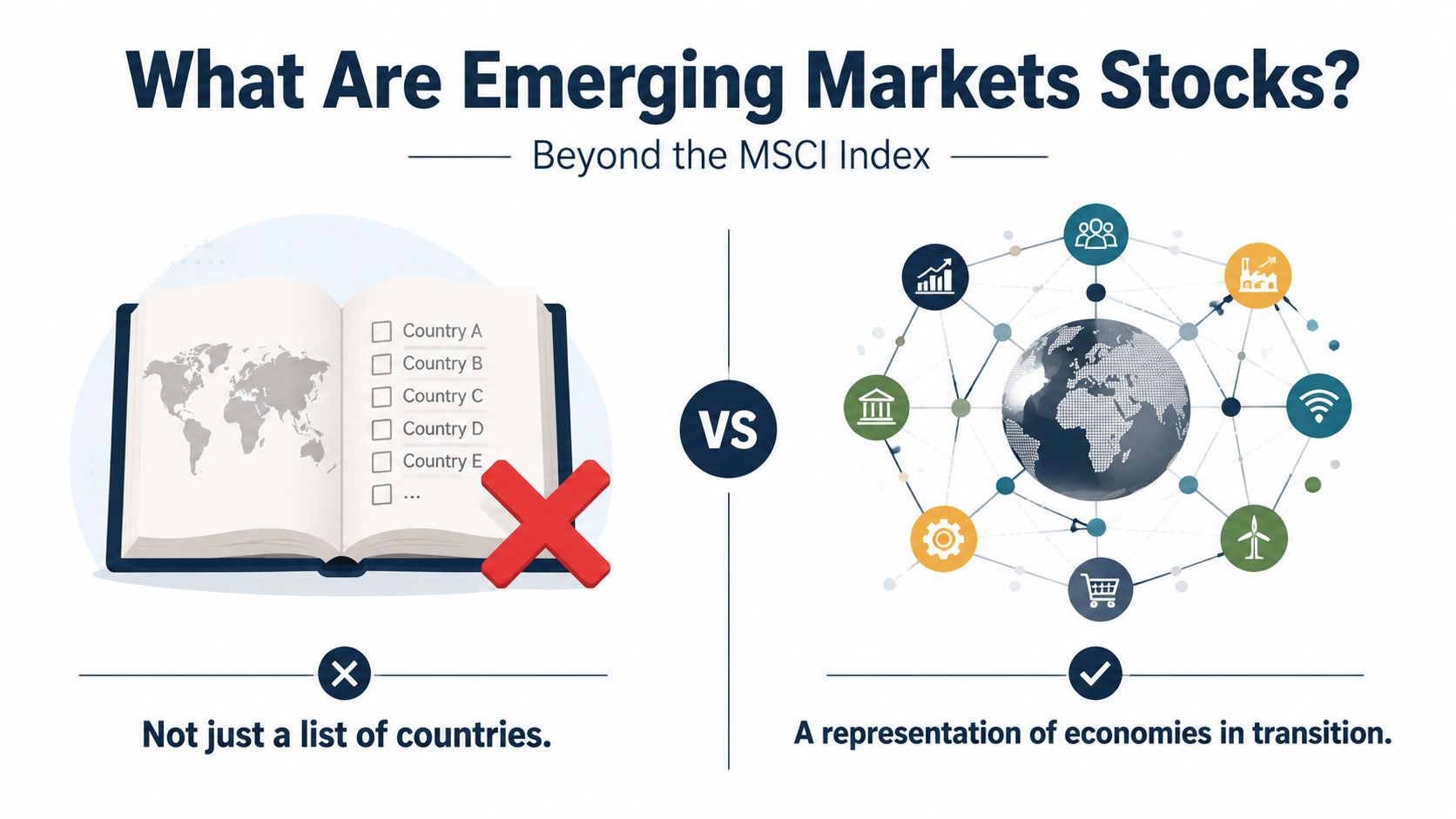 An infographic illustrating that emerging market stocks represent economies in transition rather than just a country list.