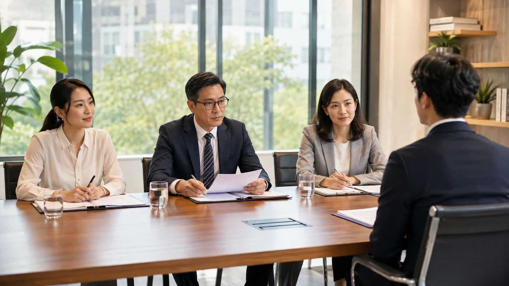 A panel of three professional interviewers reviewing a job applicant during a formal office interview meeting.