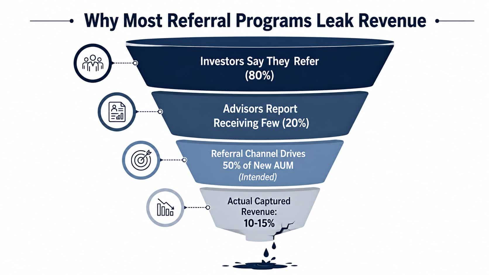 A funnel diagram illustrating the revenue leakage in typical financial advisor referral programs from investor intent to revenue.