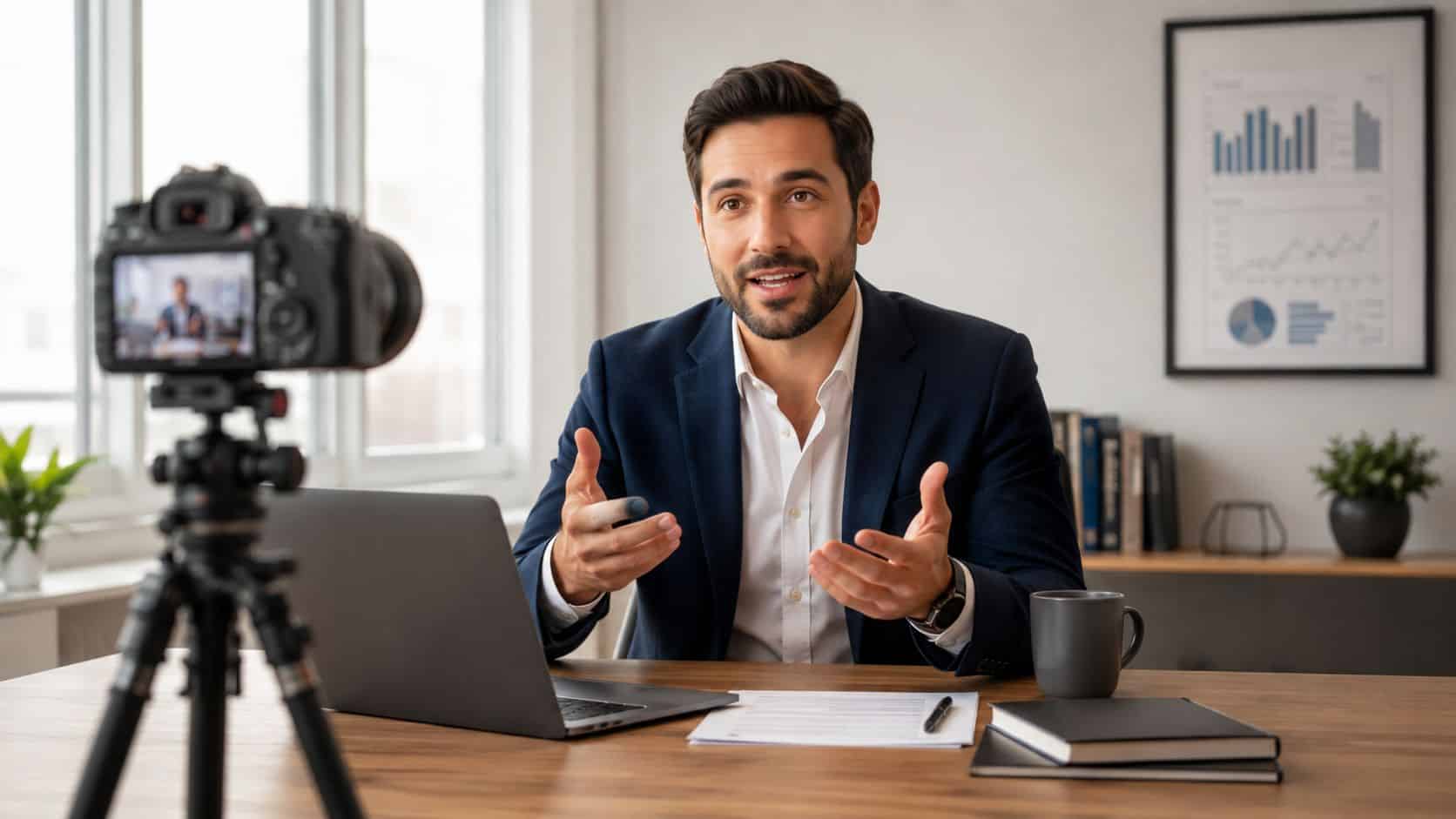 A professional financial advisor recording an educational video for his online audience in a modern home office.