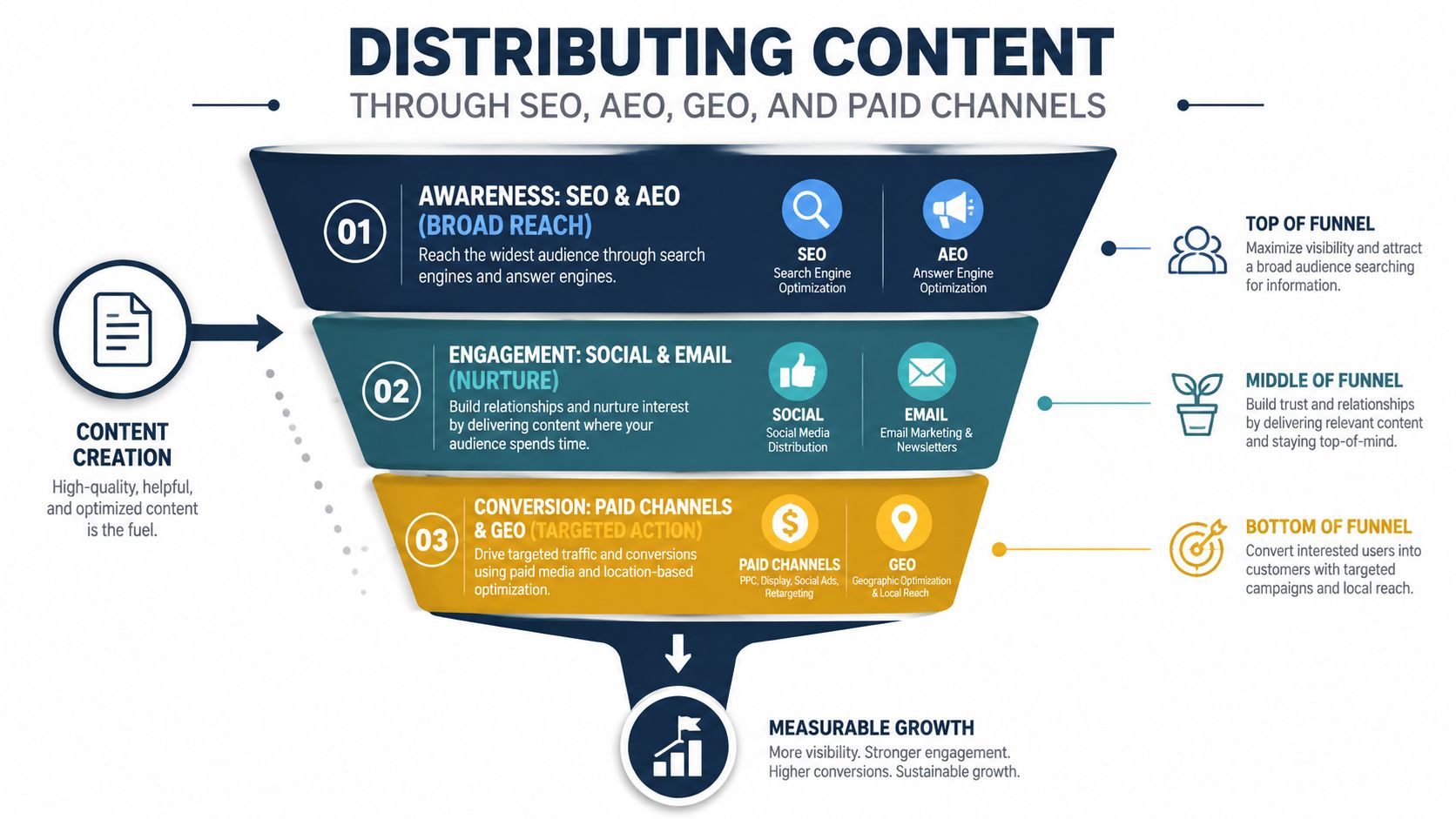 A marketing funnel infographic illustrating content distribution strategies through SEO, AEO, social media, email, and paid channels.