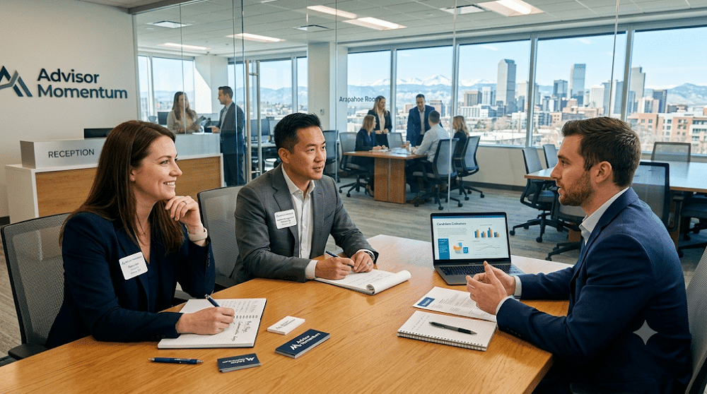 A candidate in a professional suit is interviewed by two attentive recruiters from Advisor Momentum in a modern, light-filled conference room overlooking a city skyline. The table is neatly arranged with notebooks, laptops, and resume documents, setting a formal tone for the evaluation process