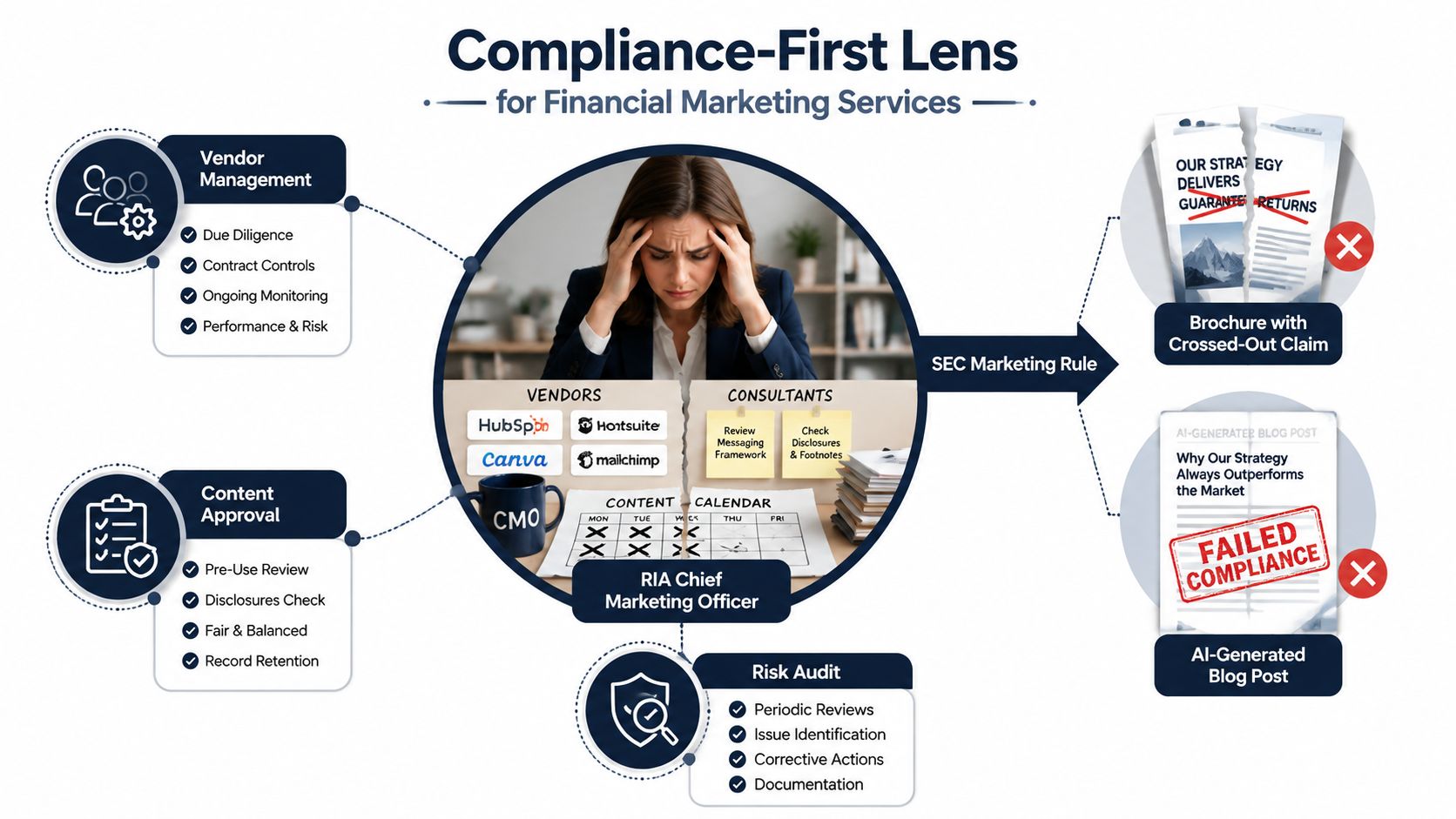 A diagram illustrating a compliance-first lens for financial marketing services featuring vendor management, content approval, and risk auditing.