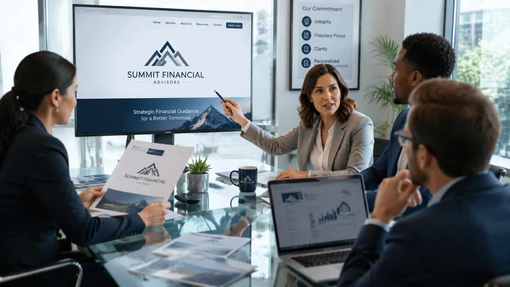 A diverse team of financial advisors discussing branding strategies during a meeting in a modern office.