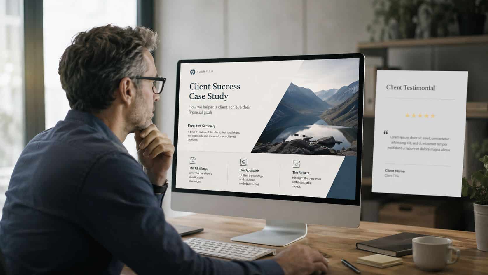 A professional man reviewing a digital case study presentation on his computer screen in an office setting.