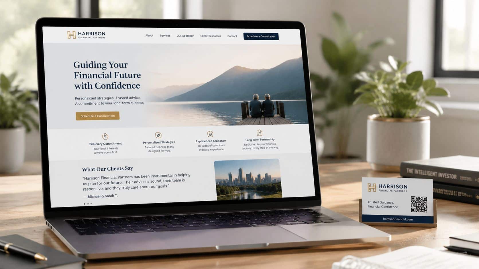 A laptop displaying the Harrison Financial Partners website next to a business card on a wooden desk.