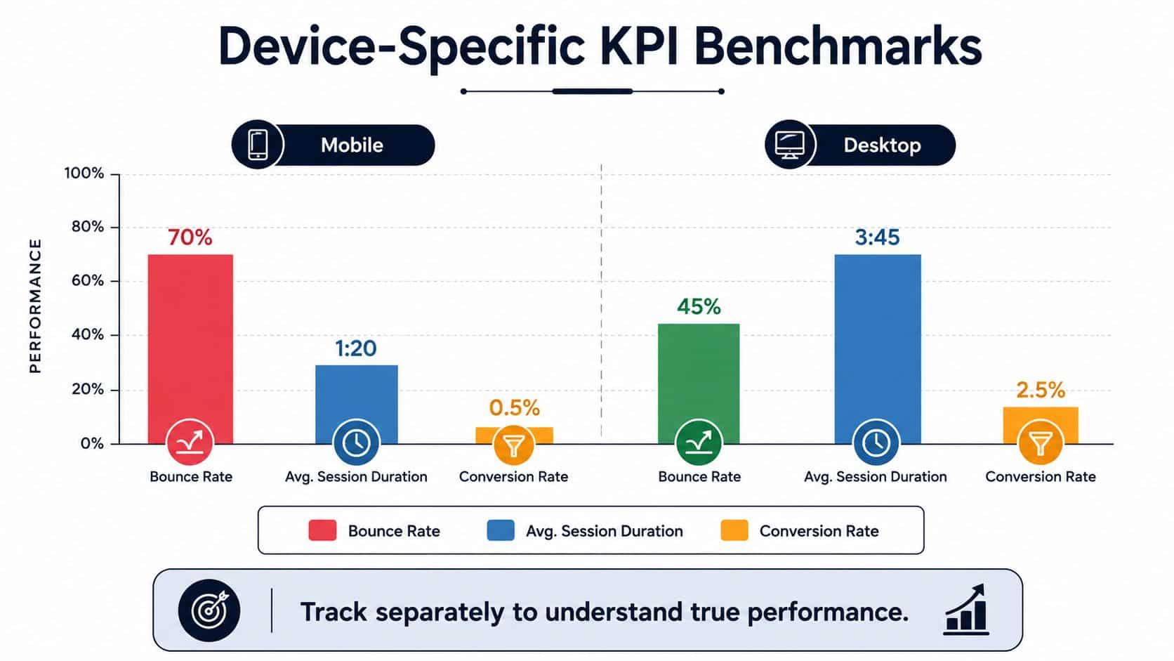 A bar chart comparing website bounce rate, average session duration, and conversion rate for mobile and desktop devices.