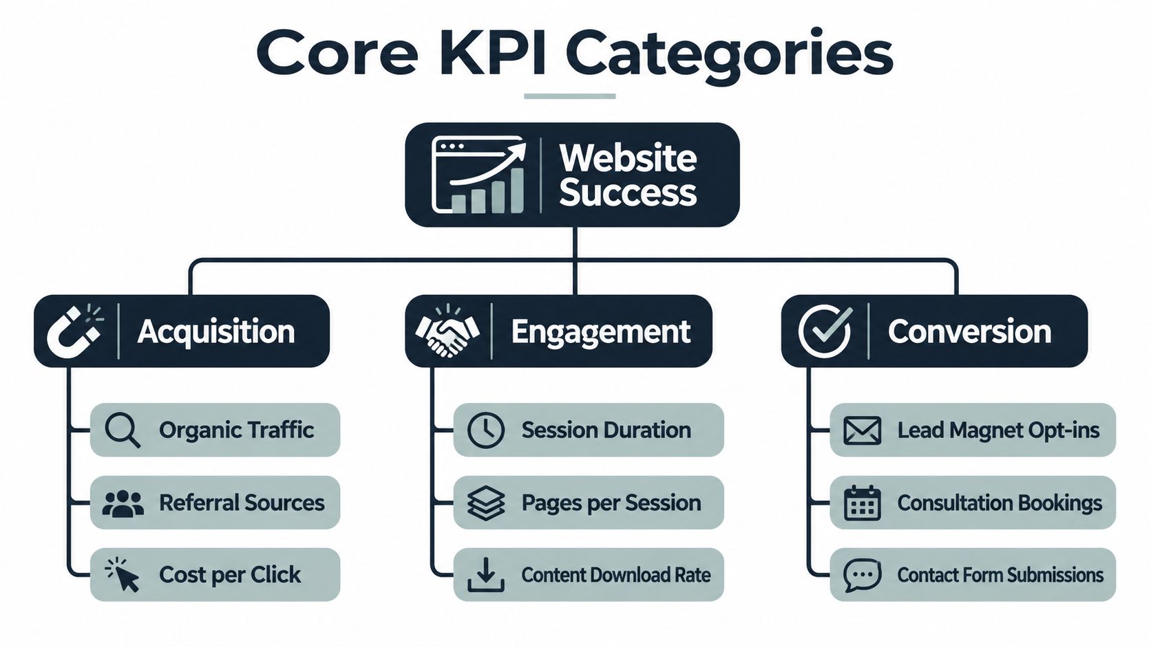 A diagram outlining core website success KPI categories including acquisition, engagement, and conversion metrics for digital strategy.