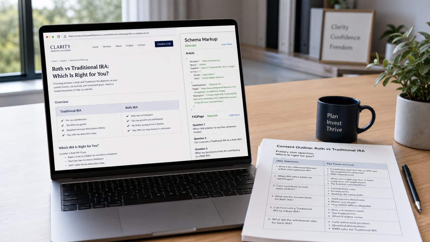 A laptop screen displaying financial retirement planning website content next to a printed content outline.