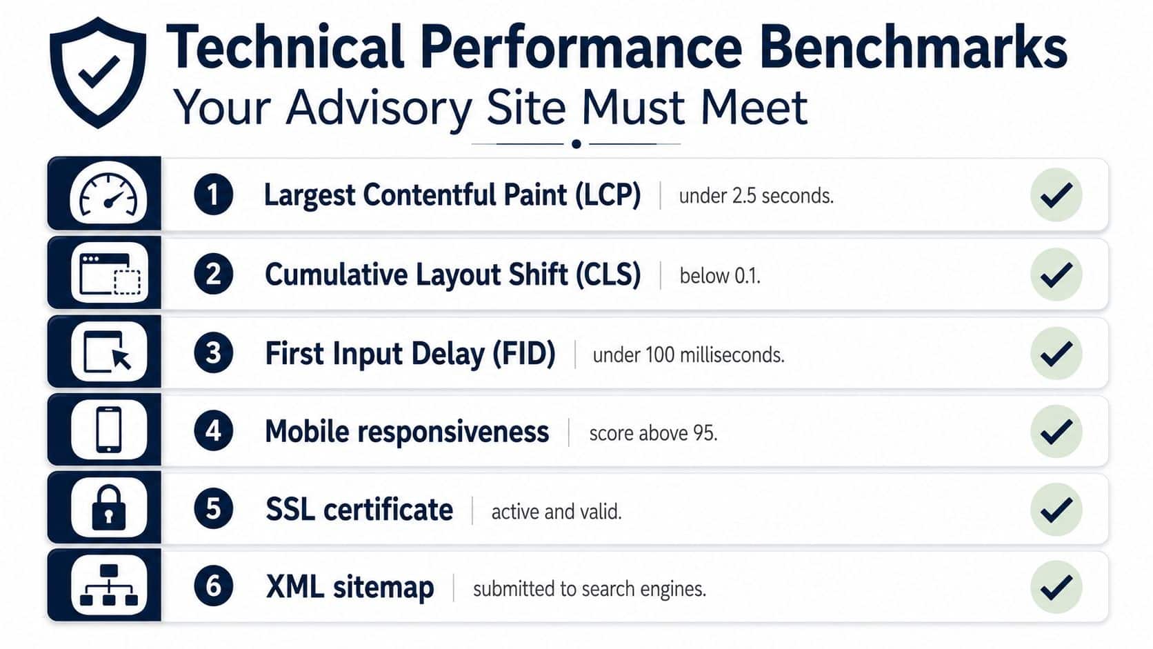 A checklist infographic outlining six essential technical performance benchmarks for financial advisory websites, including speed and security metrics.