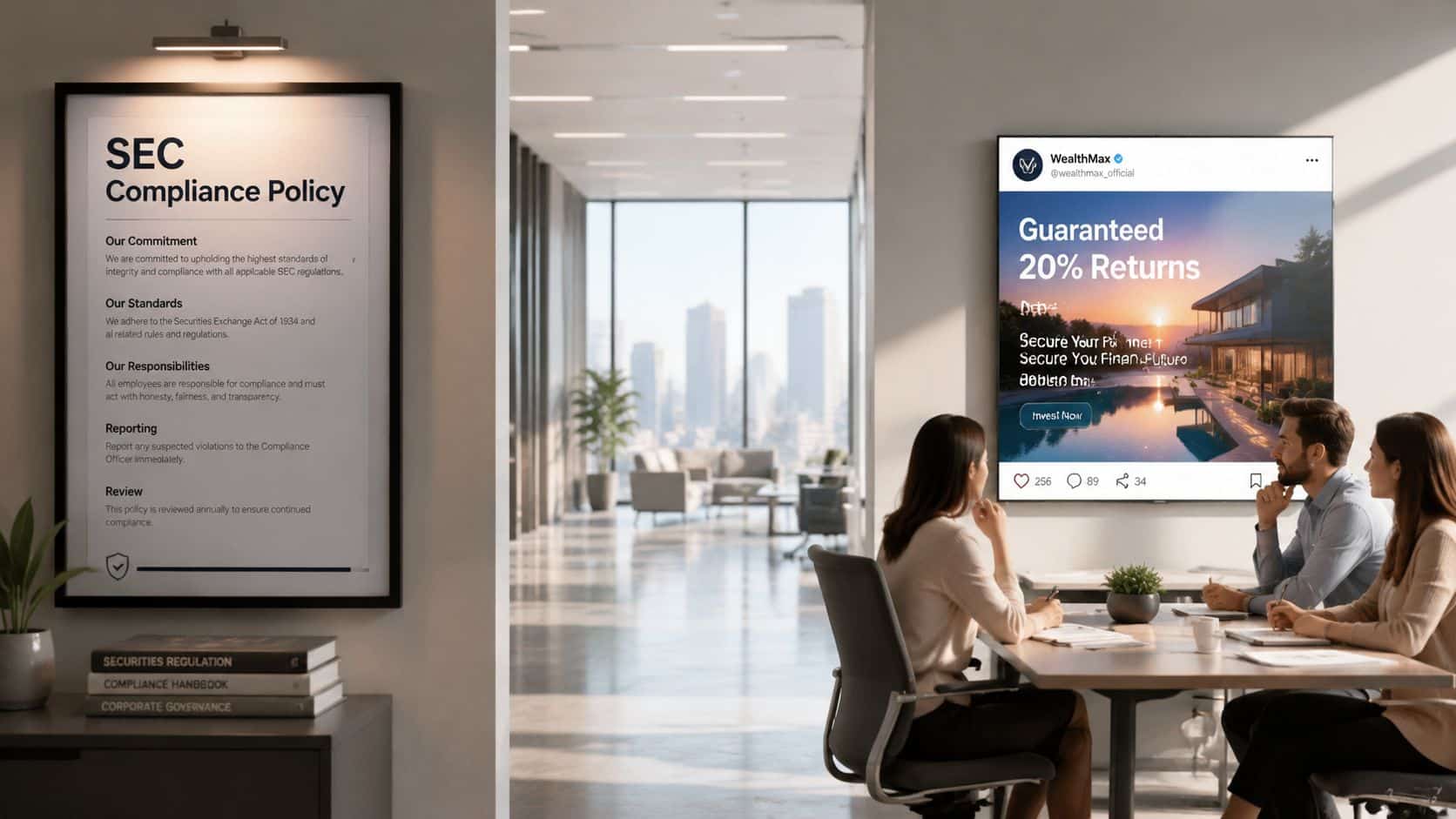 Colleagues in an office meeting discussing SEC compliance alongside a digital screen showing a questionable investment advertisement.