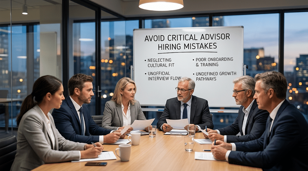 A team of financial professionals discusses talent strategy around a conference table with a view of the city. A background whiteboard outlines key "advisor hiring mistakes" to avoid for sustained firm growth.