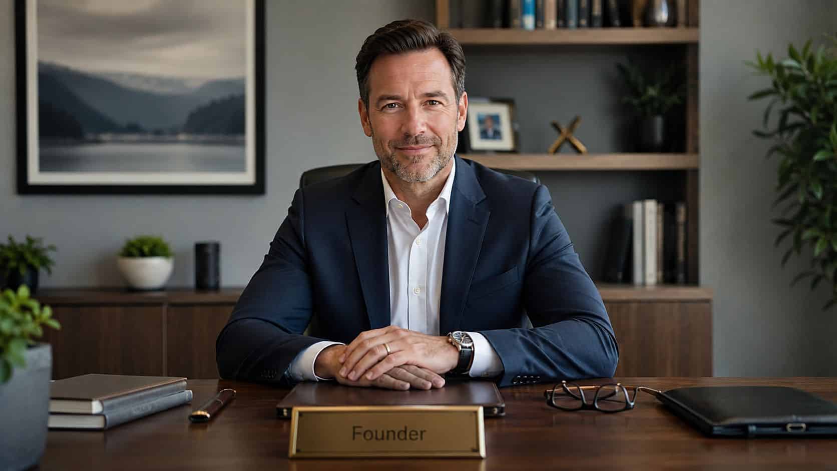 A professional founder sitting at a clean desk in a modern office, wearing a dark blue blazer.