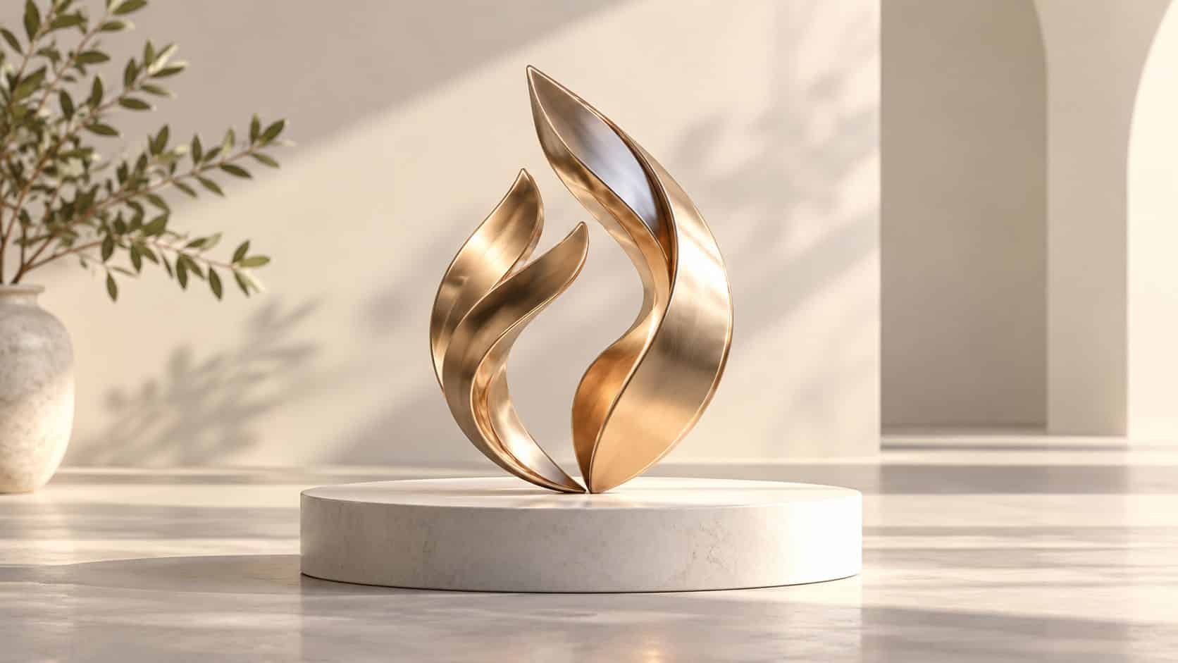 A modern metallic gold sculpture of a flame displayed on a minimalist marble pedestal in a sunlit room.