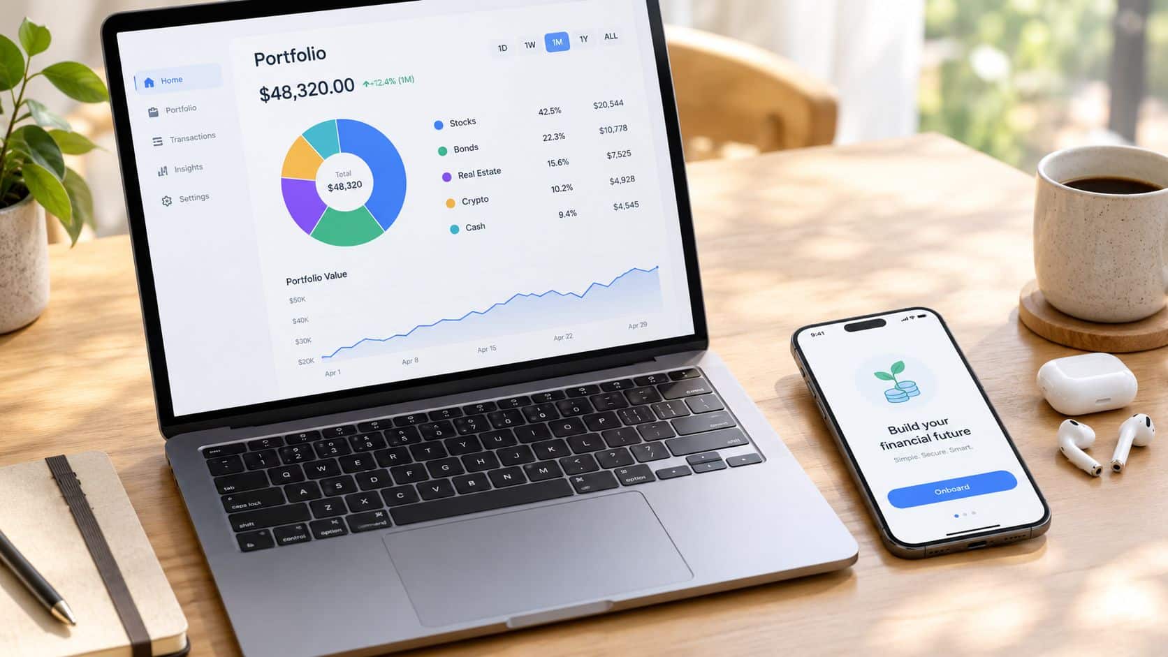A modern home office setup with a laptop displaying a financial portfolio and a smartphone showing banking app.
