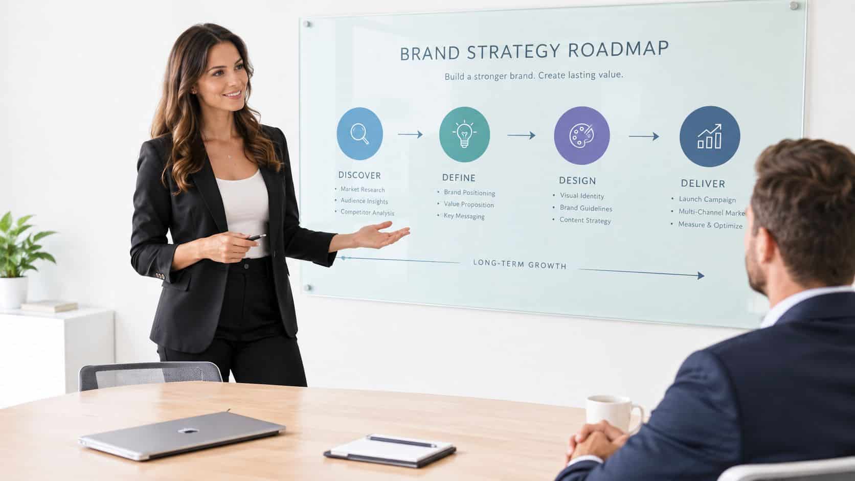 A professional woman presenting a brand strategy roadmap to a colleague in a bright, modern office meeting.