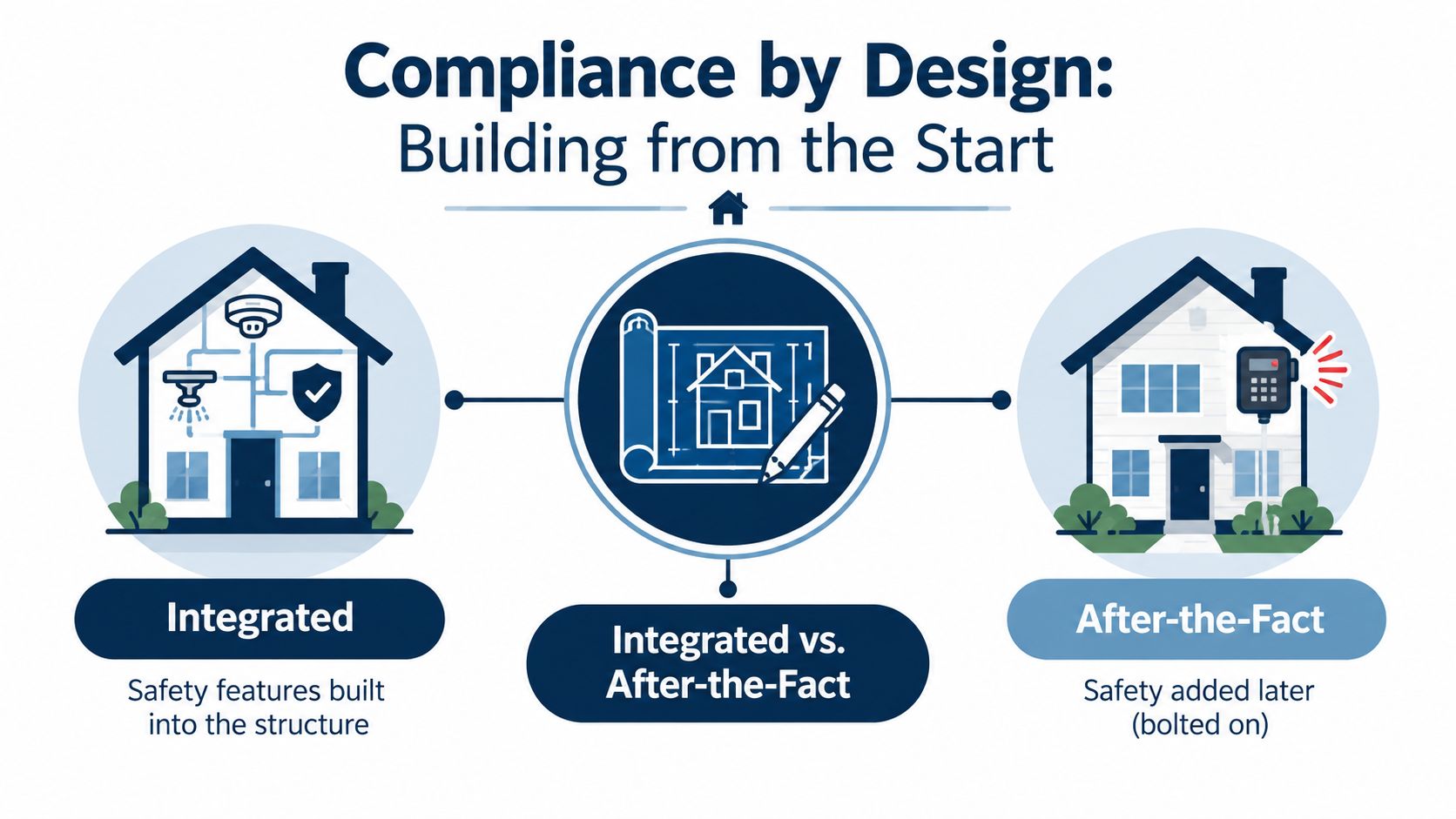 An infographic illustrating compliance by design comparing built-in safety features versus those added after construction.