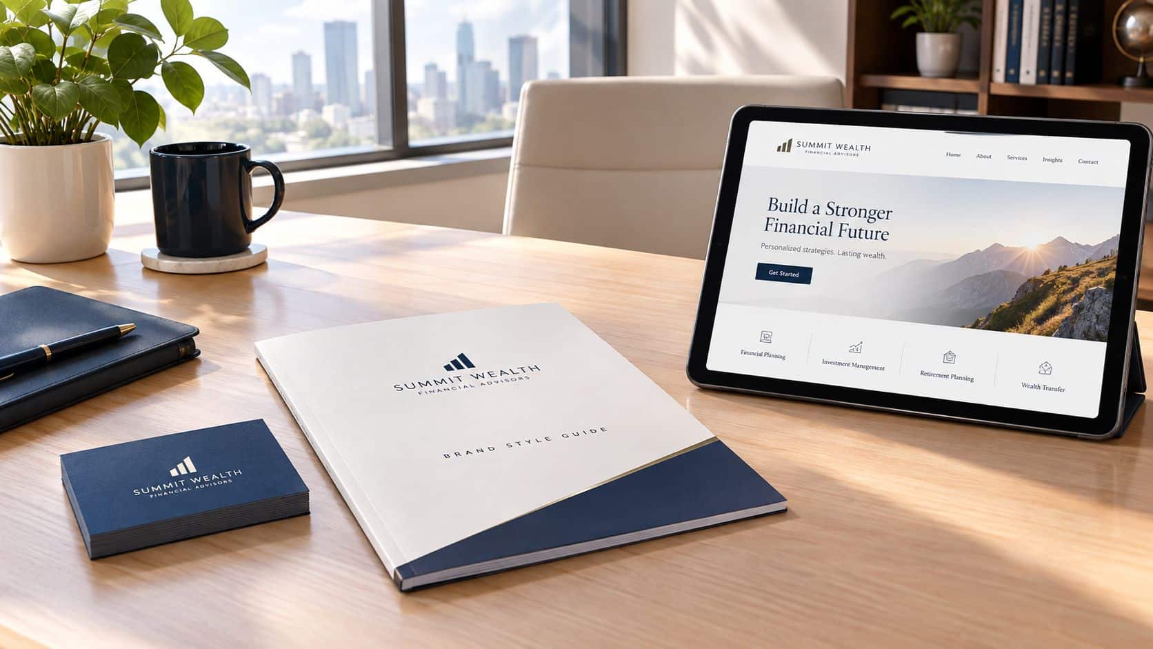 A professional office desk with financial branding materials including a brochure, business cards, and a tablet.