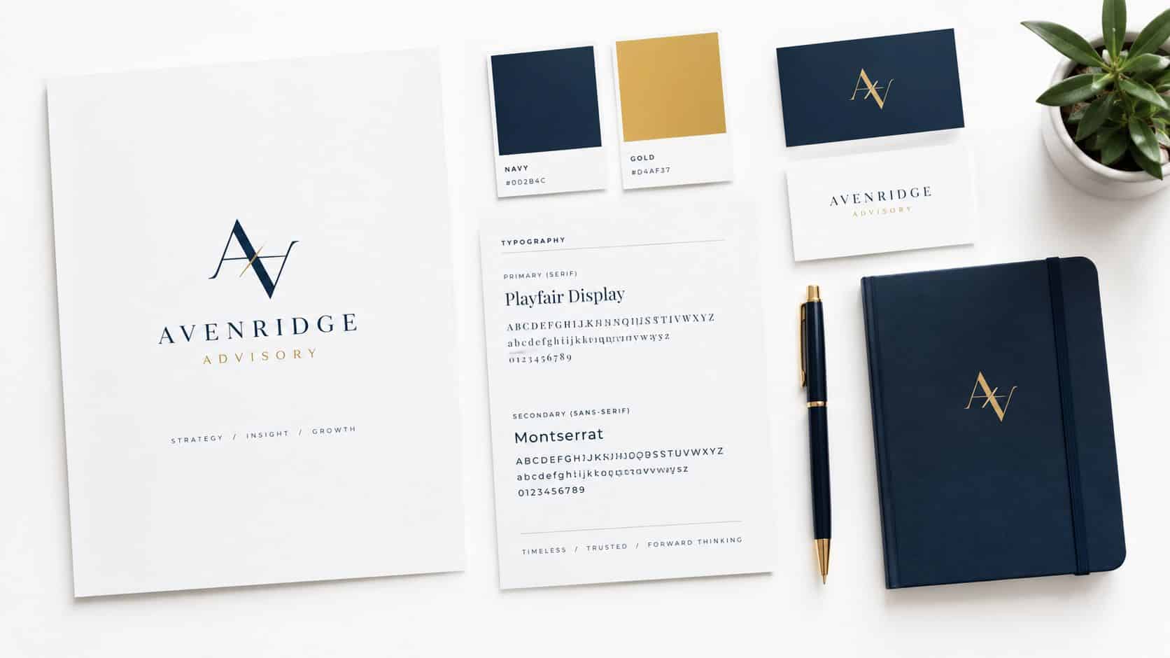 A professional brand identity mockup featuring a logo, business cards, typography guide, and navy blue notebook.