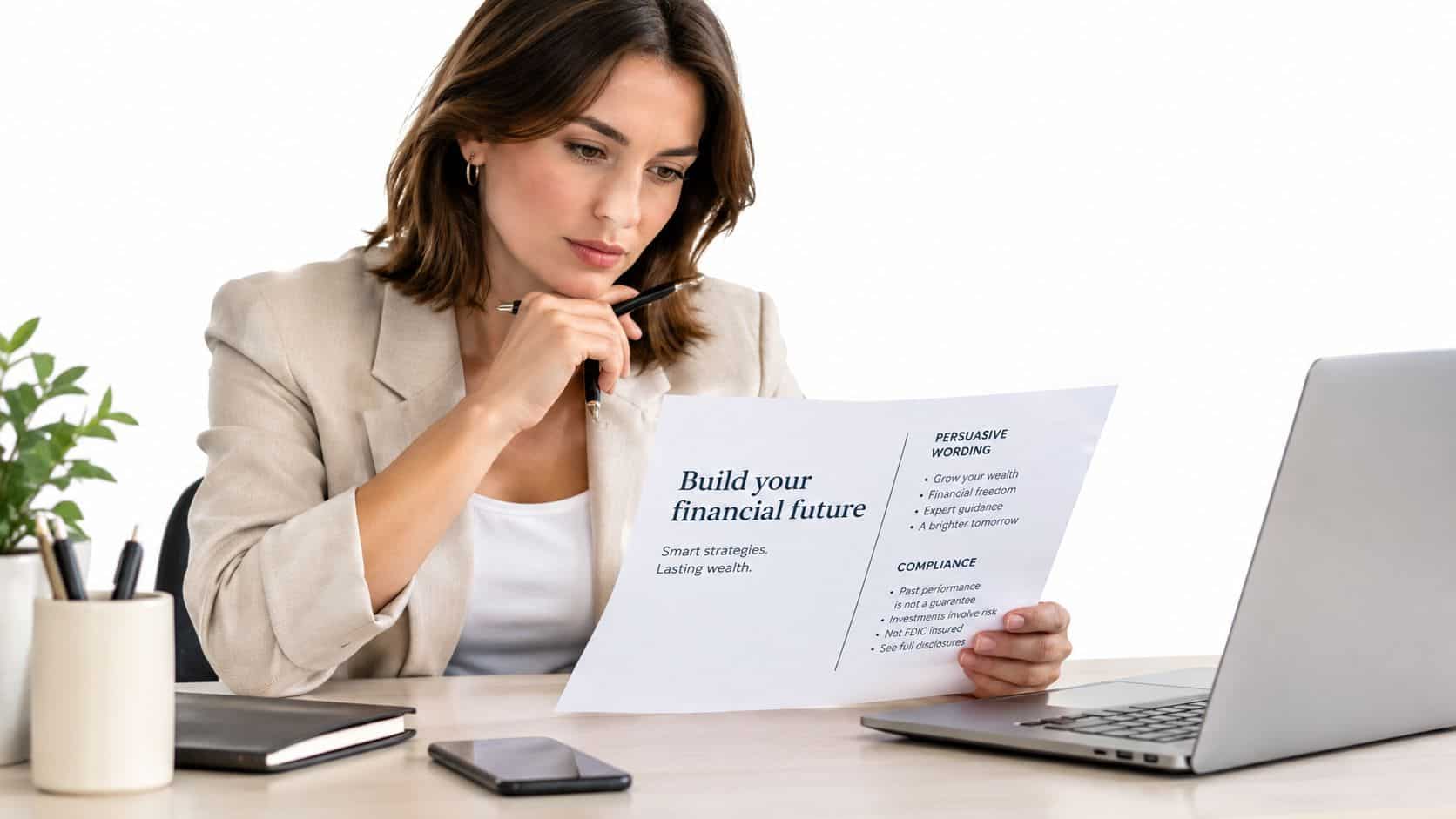 A professional woman in a beige blazer reviews a financial planning document while sitting at her office desk.