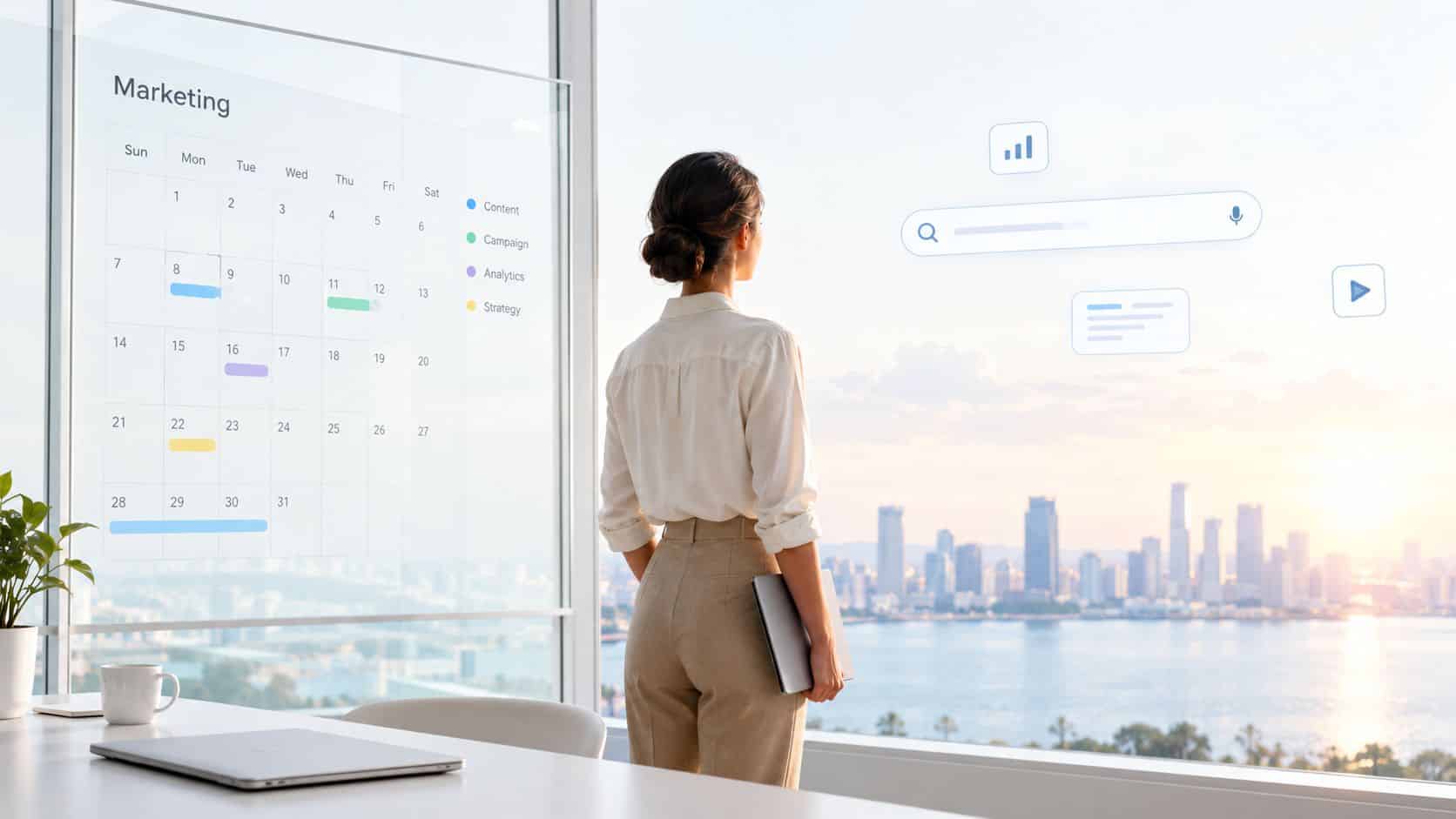 A professional woman looking at a digital marketing calendar display with a cityscape view in the background.