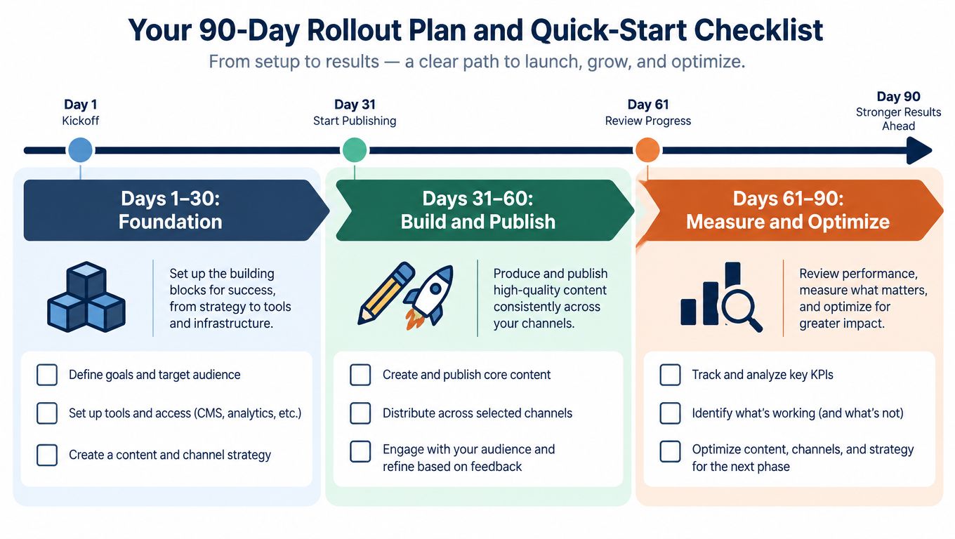 A 90-day rollout plan infographic showing three stages: foundation, build and publish, and measure and optimize.