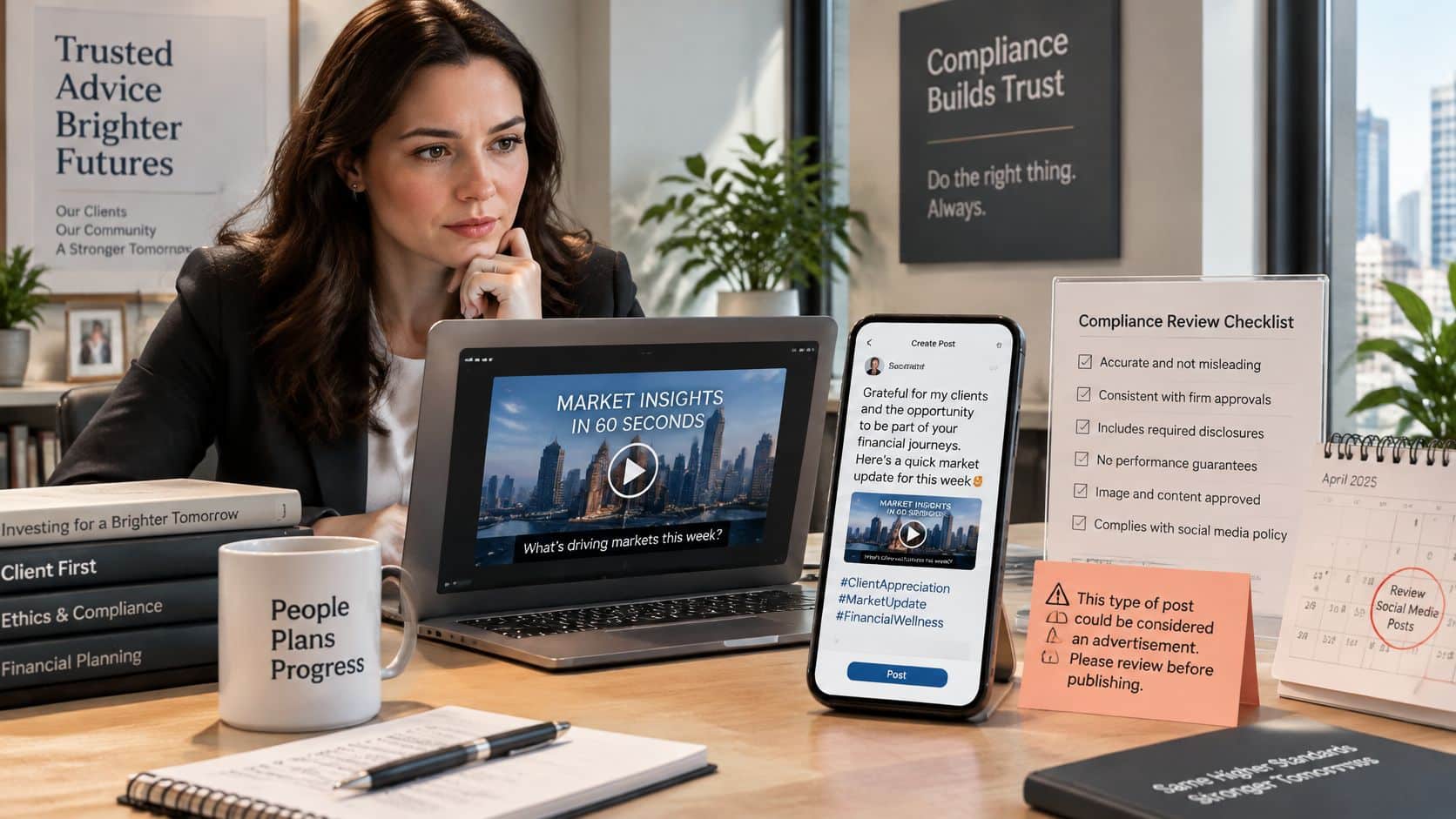 A professional financial advisor reviewing social media content against a compliance checklist on her office desk.