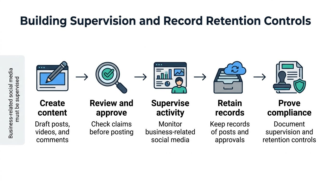 A five-step flowchart illustrating social media supervision and record retention controls for business compliance purposes.