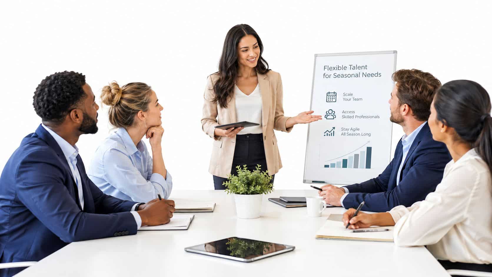 A professional woman presenting business growth strategies to a diverse team during an office meeting session.